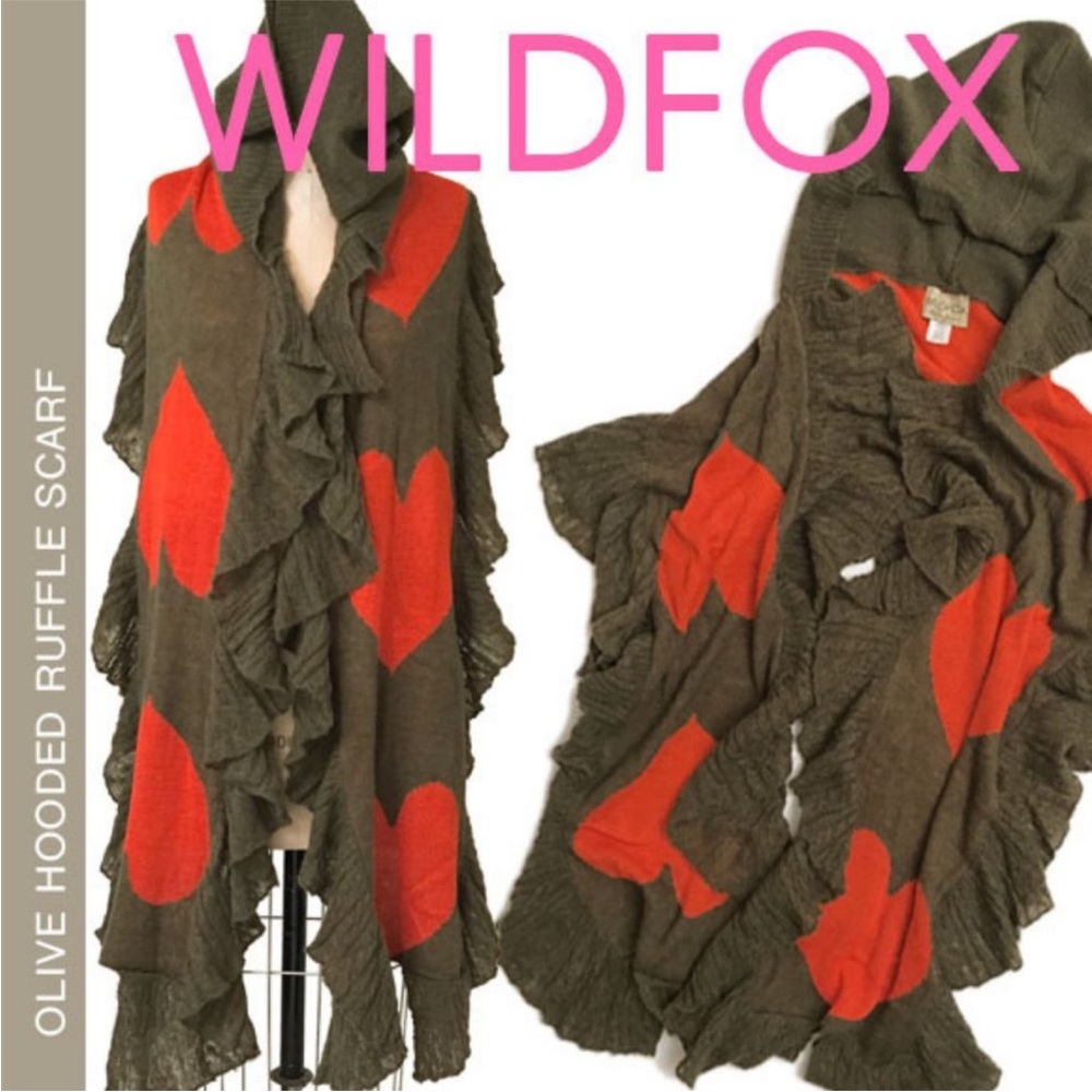 Wildfox Hooded Ruffle Scarf Hearts on Fire - Olive